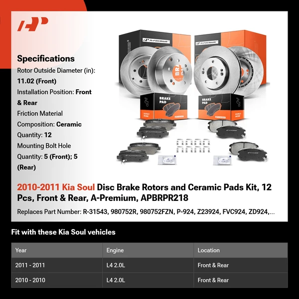 2010-2011 Kia Soul Disc Brake Rotors and Ceramic Pads Kit, 12 Pcs, Front & Rear, A-Premium, APBRPR218