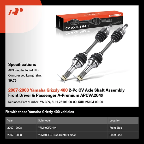 2007-2008 Yamaha Grizzly 400 2-Pc CV Axle Shaft Assembly Front Driver & Passenger A-Premium APCVA2049