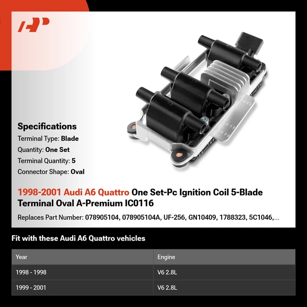 1998-2001 Audi A6 Quattro One Set-Pc Ignition Coil 5-Blade Terminal Oval A-Premium IC0116