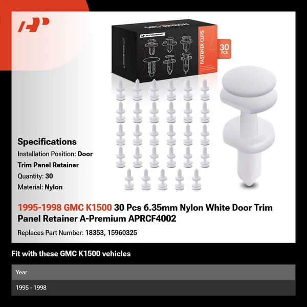 1995-1998 GMC K1500 30 Pcs 6.35mm Nylon White Door Trim Panel Retainer A-Premium APRCF4002