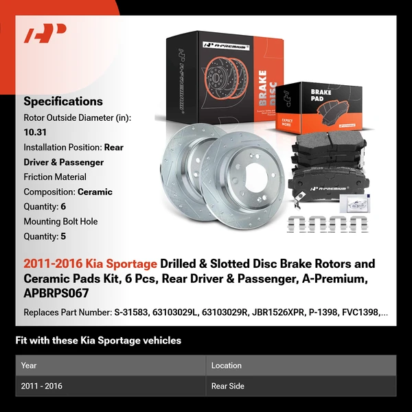 2011-2016 Kia Sportage Drilled & Slotted Disc Brake Rotors and Ceramic Pads Kit, 6 Pcs, Rear Driver & Passenger, A-Premium, APBRPS067