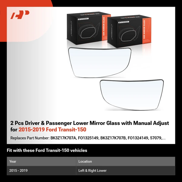 2 Pcs Driver & Passenger Lower Mirror Glass with Manual Adjust for 2015-2019 Ford Transit-150