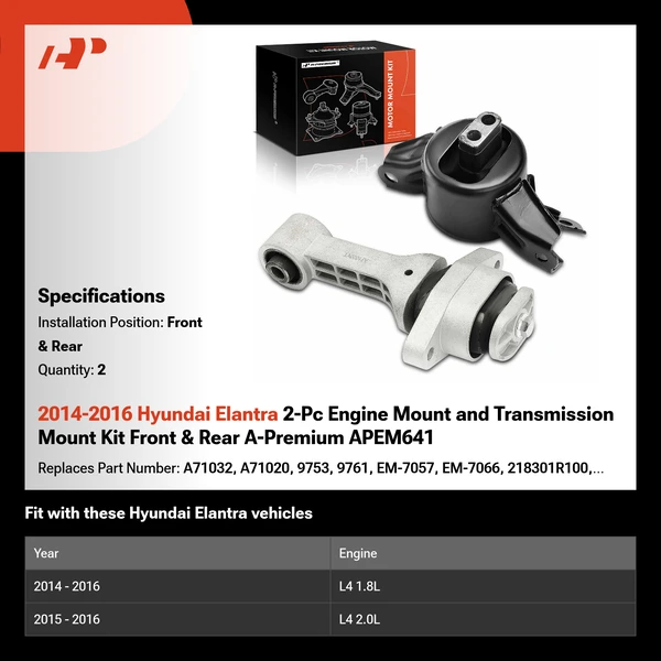 2014-2016 Hyundai Elantra 2-Pc Engine Mount and Transmission Mount Kit Front & Rear A-Premium APEM641
