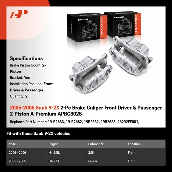 2005-2006 Saab 9-2X 2-Pc Brake Caliper Front Driver & Passenger 2-Piston A-Premium APBC3025