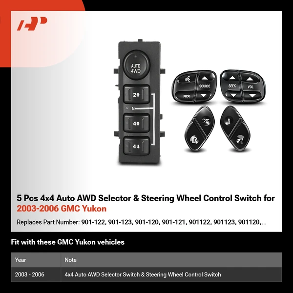 5 Pcs 4x4 Auto AWD Selector & Steering Wheel Control Switch for 2003-2006 GMC Yukon