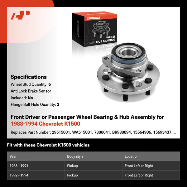 Front Driver or Passenger Wheel Bearing & Hub Assembly for 1988-1994 Chevrolet K1500