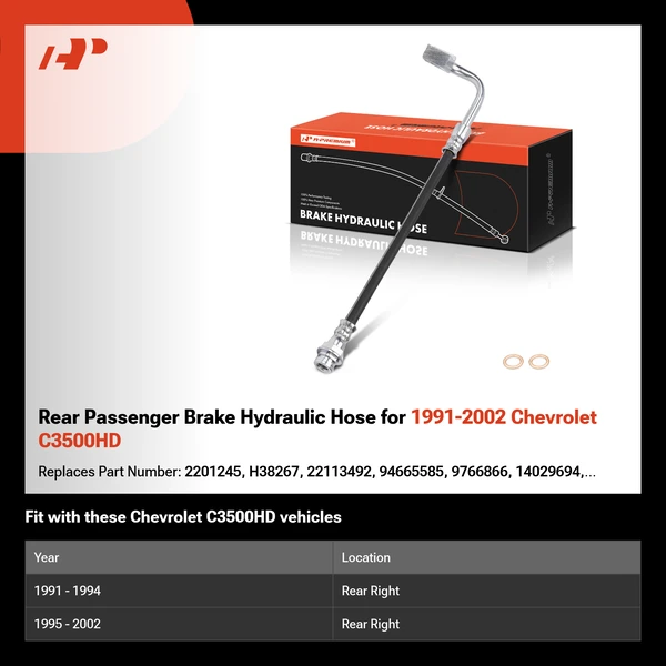 Rear Passenger Brake Hydraulic Hose for 1991-2002 Chevrolet C3500HD