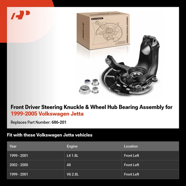 Front Driver Steering Knuckle & Wheel Hub Bearing Assembly for 1999-2005 Volkswagen Jetta