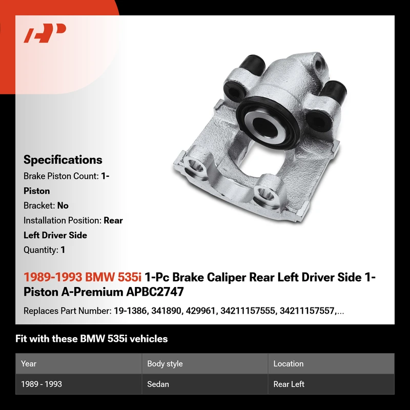 1989-1993 BMW 535i 1-Pc Brake Caliper Rear Left Driver Side 1-Piston A-Premium APBC2747