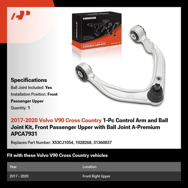 2017-2020 Volvo V90 Cross Country 1-Pc Control Arm and Ball Joint Kit, Front Passenger Upper with Ball Joint A-Premium APCA7931