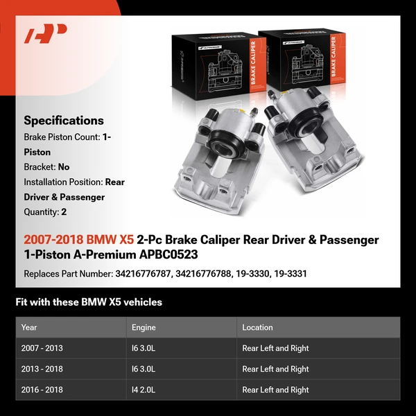 2007-2018 BMW X5 2-Pc Brake Caliper Rear Driver & Passenger 1-Piston A-Premium APBC0523