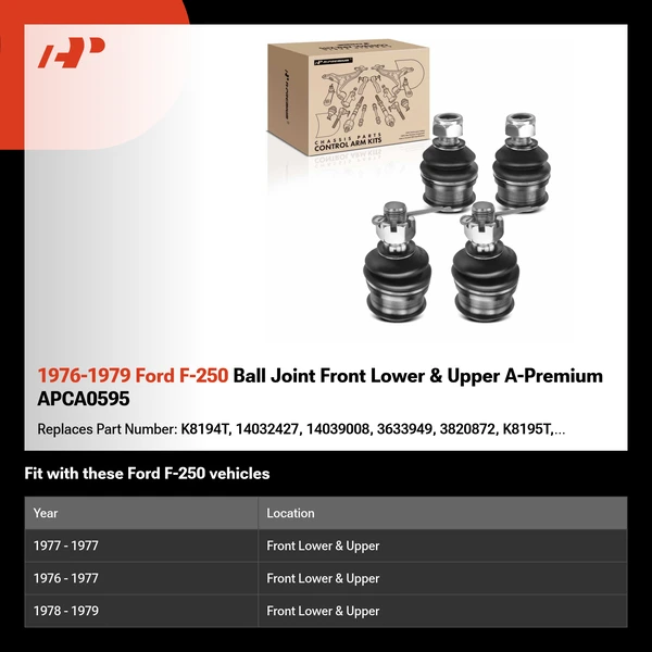 1976-1979 Ford F-250 Ball Joint Front Lower & Upper A-Premium APCA0595