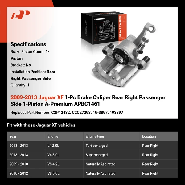 2009-2013 Jaguar XF 1-Pc Brake Caliper Rear Right Passenger Side 1-Piston A-Premium APBC1461