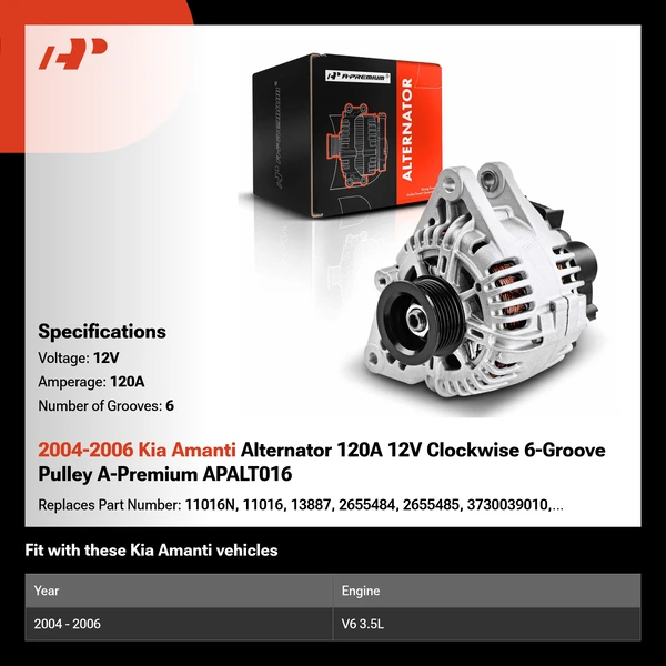 2004-2006 Kia Amanti Alternator 120A 12V Clockwise 6-Groove Pulley A-Premium APALT016