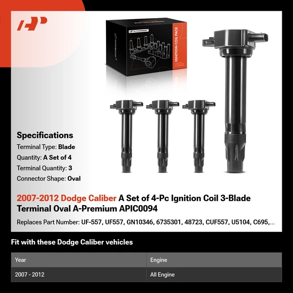 2007-2012 Dodge Caliber A Set of 4-Pc Ignition Coil 3-Blade Terminal Oval A-Premium APIC0094