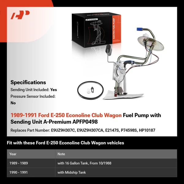 1989-1991 Ford E-250 Econoline Club Wagon Fuel Pump with Sending Unit A-Premium APFP0498