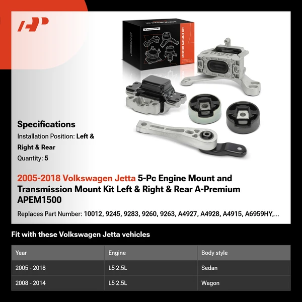 2005-2018 Volkswagen Jetta 5-Pc Engine Mount and Transmission Mount Kit Left & Right & Rear A-Premium APEM1500