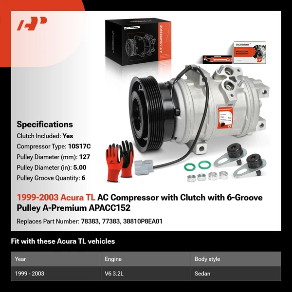 1999-2003 Acura TL AC Compressor with Clutch with 6-Groove Pulley A-Premium APACC152