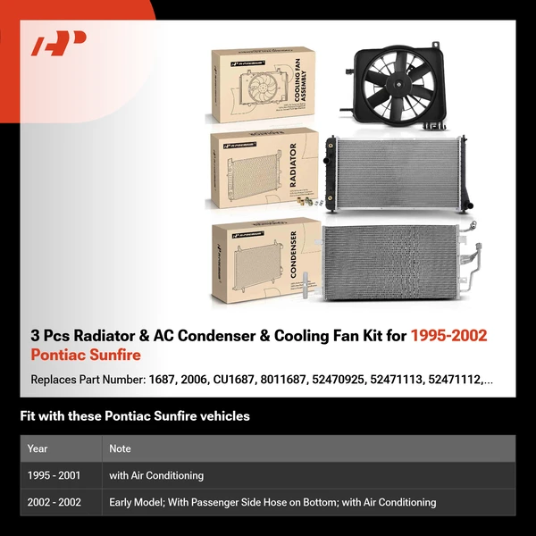 3 Pcs Radiator & AC Condenser & Cooling Fan Kit for 1995-2002 Pontiac Sunfire