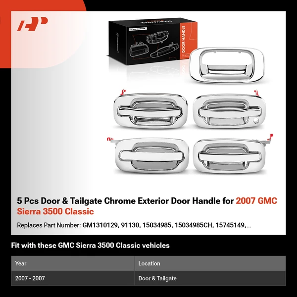 5 Pcs Door & Tailgate Chrome Exterior Door Handle for 2007 GMC Sierra 3500 Classic