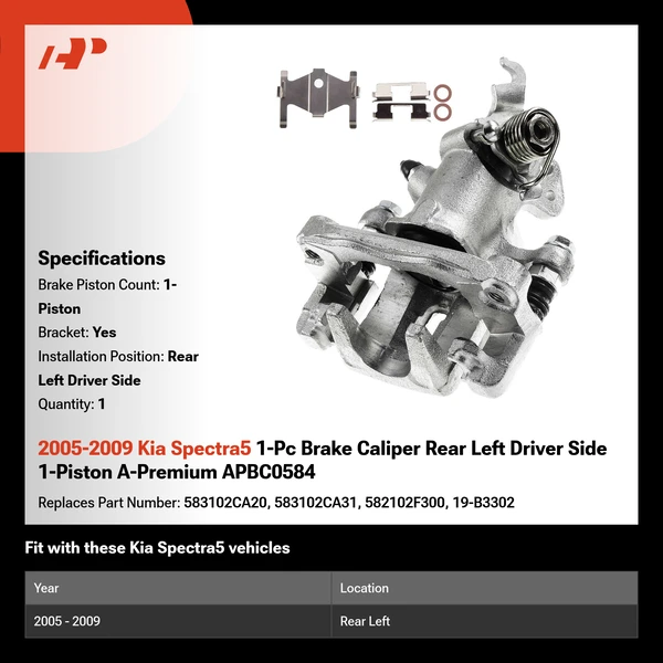 2005-2009 Kia Spectra5 1-Pc Brake Caliper Rear Left Driver Side 1-Piston A-Premium APBC0584