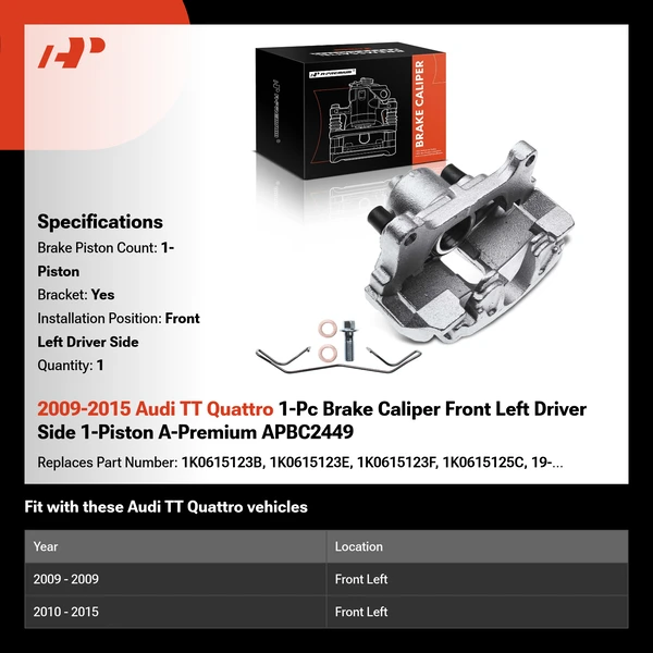 2009-2015 Audi TT Quattro 1-Pc Brake Caliper Front Left Driver Side 1-Piston A-Premium APBC2449