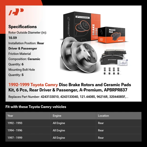 1992-1999 Toyota Camry Disc Brake Rotors and Ceramic Pads Kit, 6 Pcs, Rear Driver & Passenger, A-Premium, APBRPR837