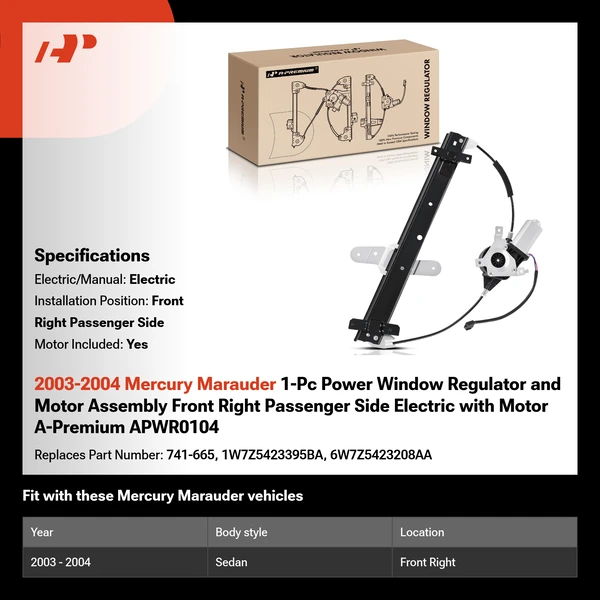 2003-2004 Mercury Marauder 1-Pc Power Window Regulator and Motor Assembly Front Right Passenger Side Electric with Motor A-Premium APWR0104