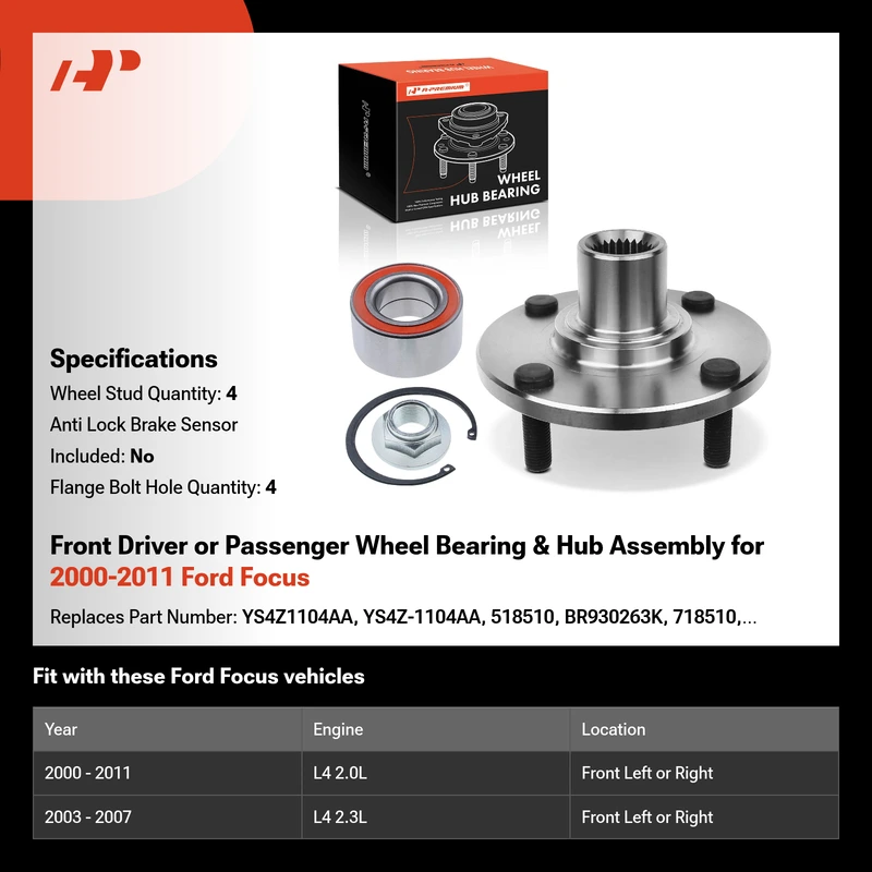 Front Driver or Passenger Wheel Bearing & Hub Assembly for 2000-2011 Ford Focus