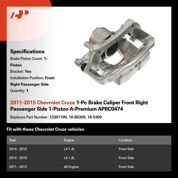 2011-2015 Chevrolet Cruze 1-Pc Brake Caliper Front Right Passenger Side 1-Piston A-Premium APBC0474