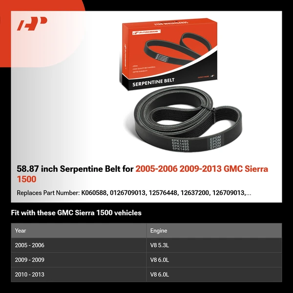 58.87 inch Serpentine Belt for 2005-2006 2009-2013 GMC Sierra 1500
