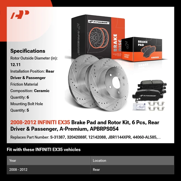 2008-2012 INFINITI EX35 Brake Pad and Rotor Kit, 6 Pcs, Rear Driver & Passenger, A-Premium, APBRPS054