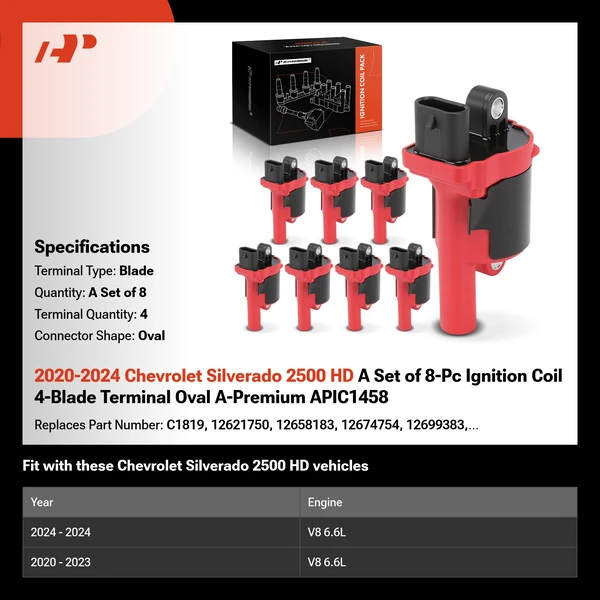2020-2024 Chevrolet Silverado 2500 HD A Set of 8-Pc Ignition Coil 4-Blade Terminal Oval A-Premium APIC1458