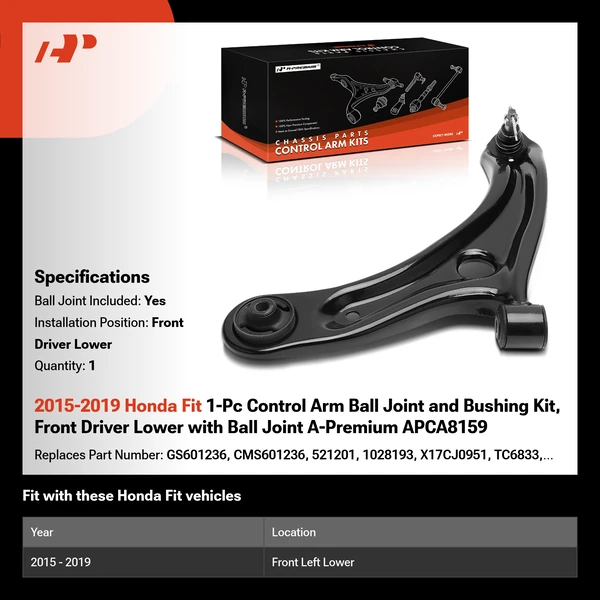 2015-2019 Honda Fit 1-Pc Control Arm Ball Joint and Bushing Kit, Front Driver Lower with Ball Joint A-Premium APCA8159