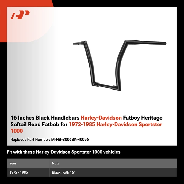 16 Inches Black Handlebars Harley-Davidson Fatboy Heritage Softail Road Fatbob for 1972-1985 Harley-Davidson Sportster 1000