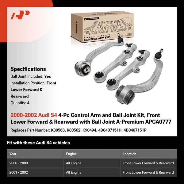 2000-2002 Audi S4 4-Pc Control Arm and Ball Joint Kit, Front Lower Forward & Rearward with Ball Joint A-Premium APCA0777