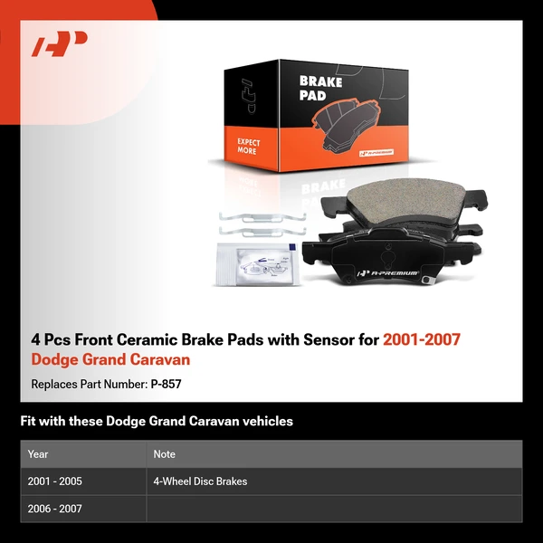 4 Pcs Front Ceramic Brake Pads with Sensor for 2001-2007 Dodge Grand Caravan