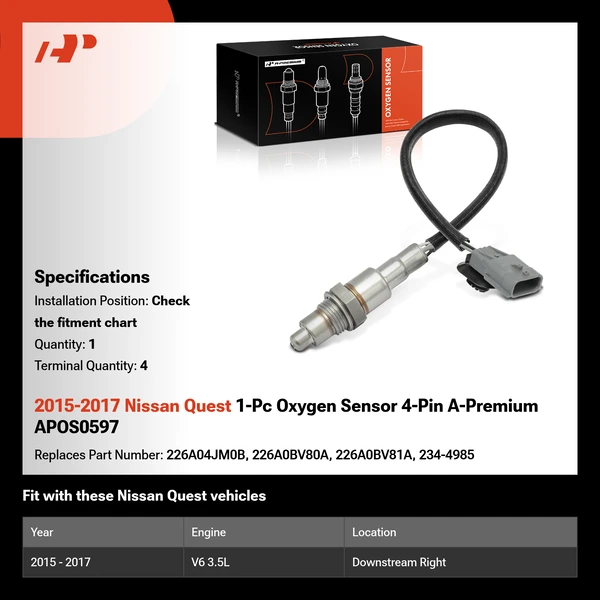 2015-2017 Nissan Quest 1-Pc Oxygen Sensor 4-Pin A-Premium APOS0597