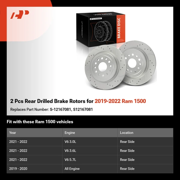 2 Pcs Rear Drilled Brake Rotors for 2019-2022 Ram 1500