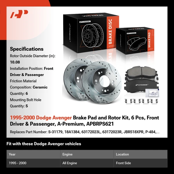 1995-2000 Dodge Avenger Brake Pad and Rotor Kit, 6 Pcs, Front Driver & Passenger, A-Premium, APBRPS621