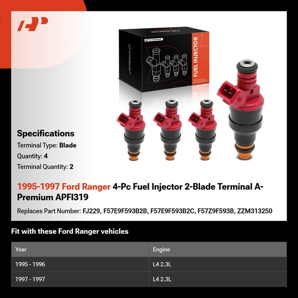 1995-1997 Ford Ranger 4-Pc Fuel Injector 2-Blade Terminal A-Premium APFI319