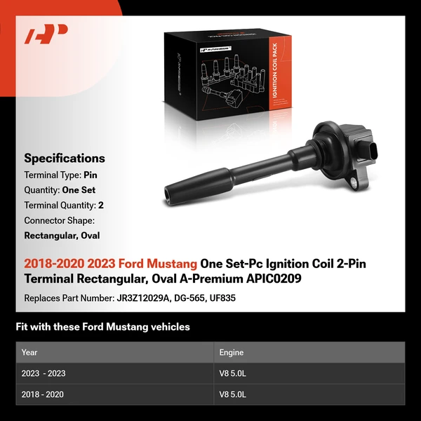 2018-2020 2023 Ford Mustang One Set-Pc Ignition Coil 2-Pin Terminal Rectangular, Oval A-Premium APIC0209