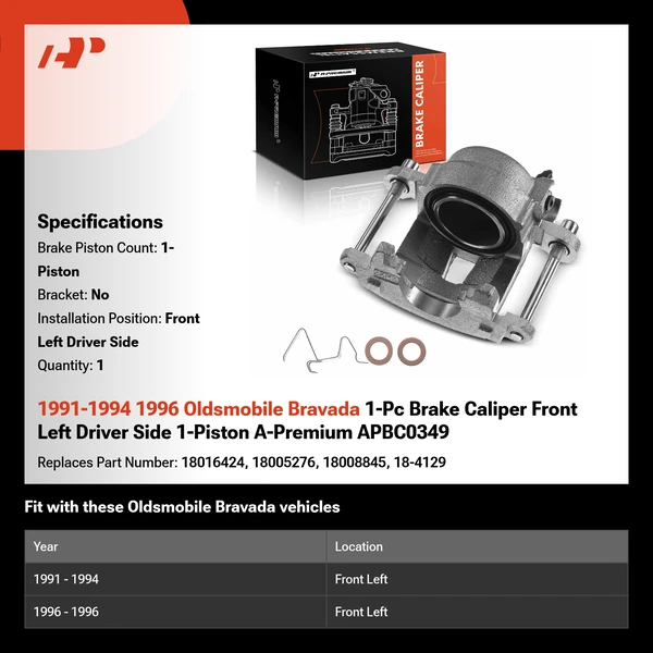 1991-1994 1996 Oldsmobile Bravada 1-Pc Brake Caliper Front Left Driver Side 1-Piston A-Premium APBC0349