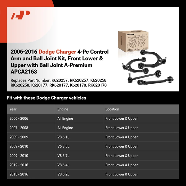 2006-2016 Dodge Charger 4-Pc Control Arm and Ball Joint Kit, Front Lower & Upper with Ball Joint A-Premium APCA2163