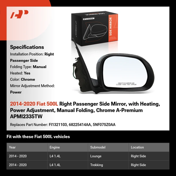 2014-2020 Fiat 500L Right Passenger Side Mirror, with Heating, Power Adjustment, Manual Folding, Chrome A-Premium APMI2335TW