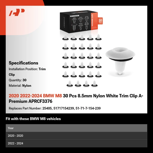 2020 2022-2024 BMW M8 30 Pcs 8.5mm Nylon White Trim Clip A-Premium APRCF3376