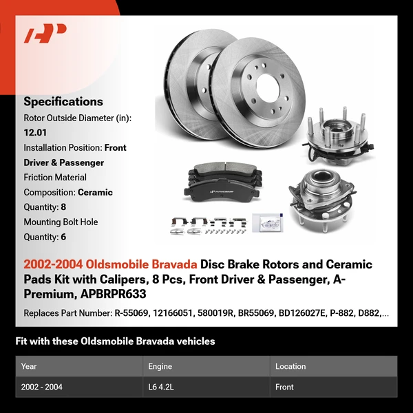 2002-2004 Oldsmobile Bravada Disc Brake Rotors and Ceramic Pads Kit with Calipers, 8 Pcs, Front Driver & Passenger, A-Premium, APBRPR633