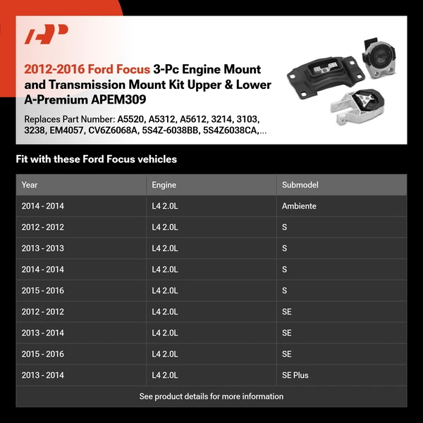 2012-2016 Ford Focus 3-Pc Engine Mount and Transmission Mount Kit Upper & Lower A-Premium APEM309