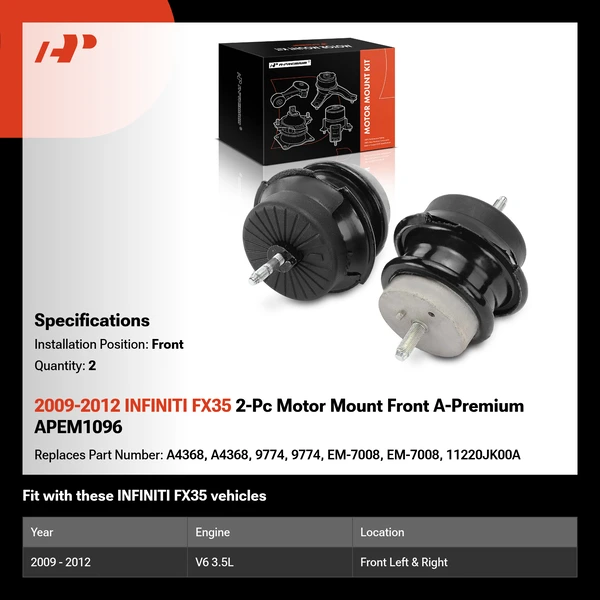 2009-2012 INFINITI FX35 2-Pc Motor Mount Front A-Premium APEM1096