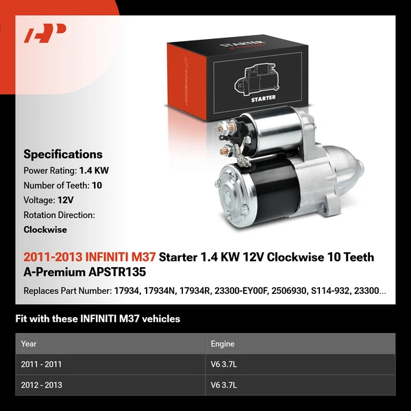 2011-2013 INFINITI M37 Starter 1.4 KW 12V Clockwise 10 Teeth A-Premium APSTR135